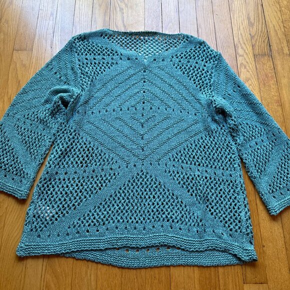 Boho Soft Surroundings Size L NEW Blue Crochet Knit Beachwalk 3/4 Sleeve Sweater - Picture 14 of 16